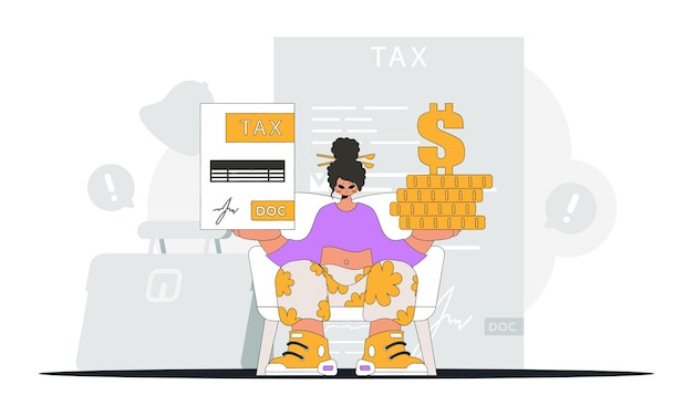 Vector fashionable woman holding a tax form and coins in her hands an illustration demonstrating the correct payment of taxes