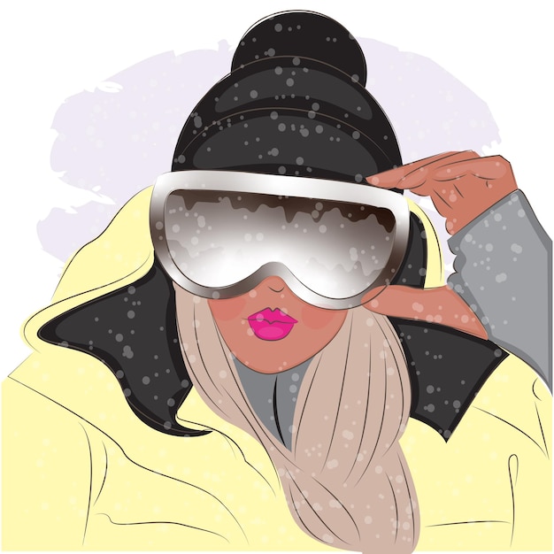 Fashionable woman in ski goggles at a ski resort, fashion, vector illustration