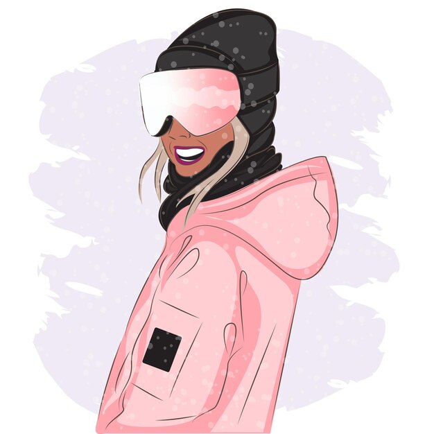 Fashionable woman in ski goggles at a ski resort, fashion, vector illustration