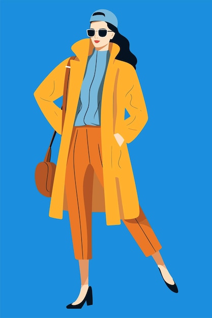 Vettore donna alla moda con un cappotto giallo e occhiali da sole illustrazione vettoriale