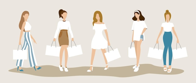 ベクトル ショッピングバッグのイラストでファッショナブルな女性