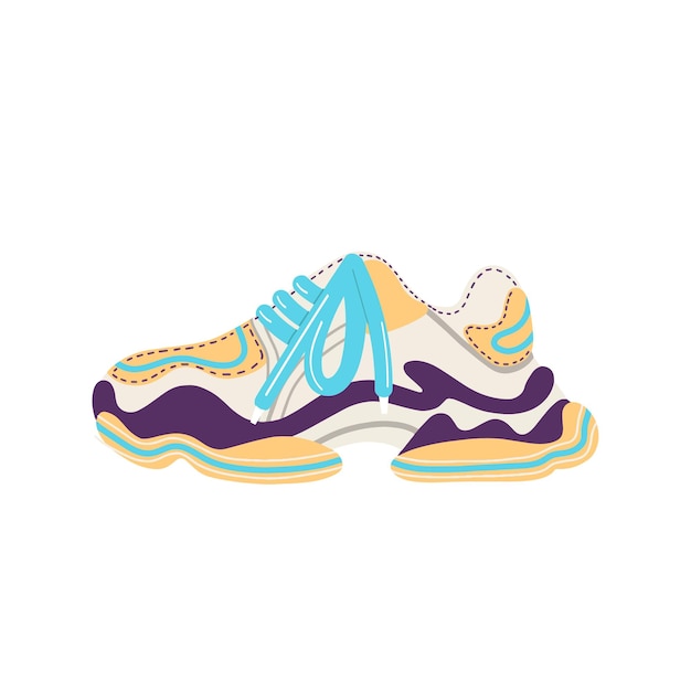 Fashionable womens sneakers with large soles. Modern and fashionable sports shoes.Running and fitness shoes. Flat vector illustration