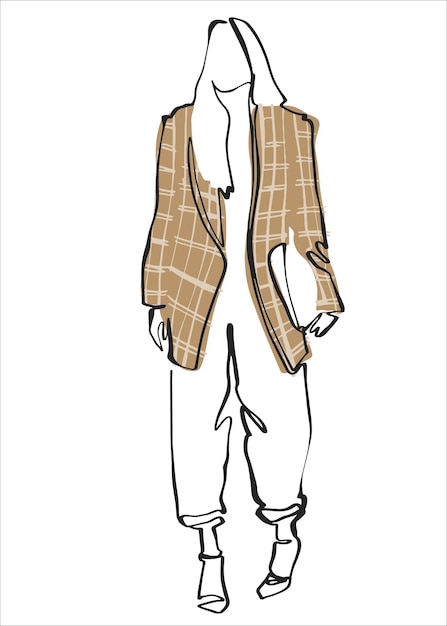 fashionable young girl in a beige plaid jacket illustration in line art winter street style image