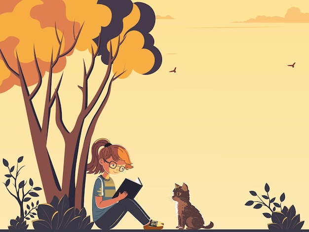 Vector fashionable young girl character reading a book with cute cat under the tree on yellow background and copy space