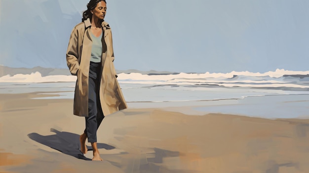 Вектор Модная молодая женщина в бежевом пальто гуляет по пляжу