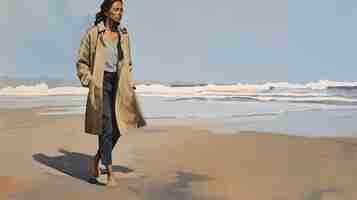 ベクトル ビーチで歩いているベージュのコートを着たファッショナブルな若い女性