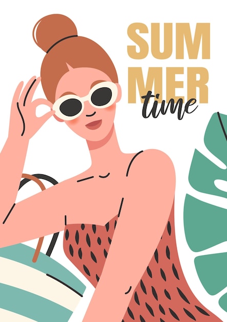 안경을 쓴 세련된 젊은 여성과 수영복 여름 포스터와 복고풍 스타일의 여름 시간 카드 벡터