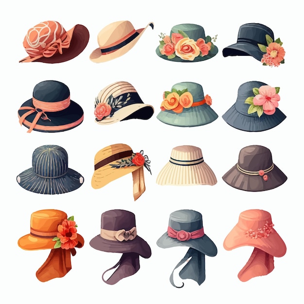 Vector fashioned head clothes summer caps isolated on background cartoon vector illustration