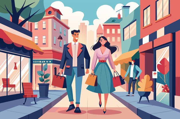 A fashionforward couple strolling down a trendy shopping street browsing boutique shops and designer boutiques for the latest styles and trends