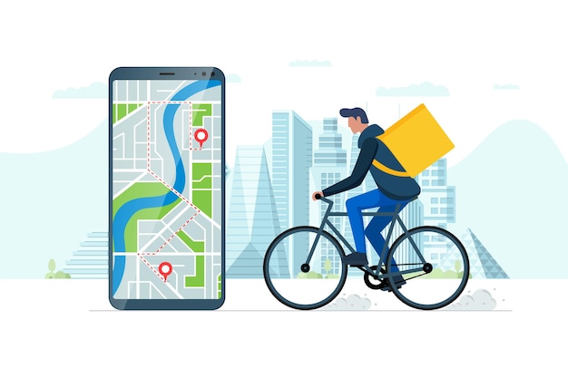빠른 자전거 배달 주문 서비스 앱 개념입니다. 도시 거리에 위치 정보 태그 GPS 위치 핀이 있는 스마트폰과 배낭이 달린 생태 특급 식품 배송 택배. 온라인 응용 프로그램 벡터 eps