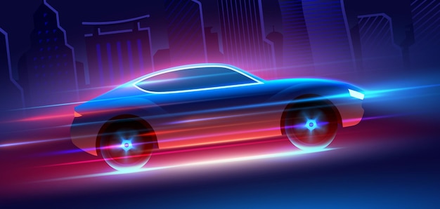 Fast car with blue and red neon lights running at high speed on a downtown city vector background