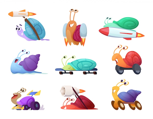 Fast cartoon snails. business concept characters  competitive quick cute slug  race mascots in action poses