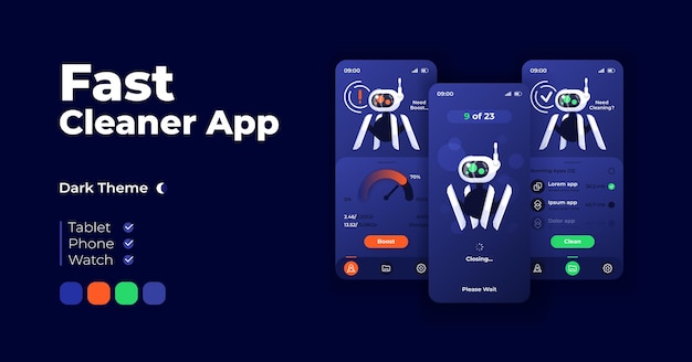 Fast cleaner app cartoon smartphone interface vector templates set. mobile app screen page night mode design. gadget memory management panel ui for application. phone display with mascot robot