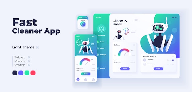 Fast cleaner app screen vector adaptive design template. Device memory optimization application day mode interface with flat character. Speed booster smartphone, tablet, smart watch cartoon UI