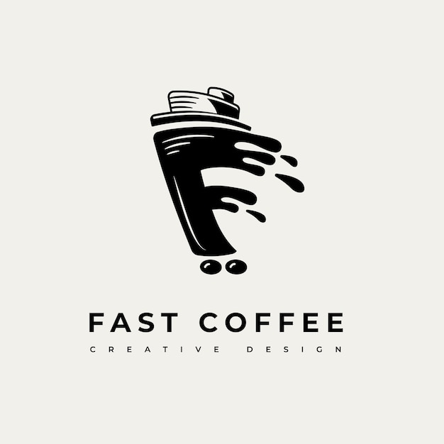 Логотип Fast Coffee To Go Силуэт Кофейная чашка или кружки на колесах Начальная буква F Забрать кофейные этикетки Шаблон для доставки кафе ресторан значок знак эмблема наклейка бирка одежда