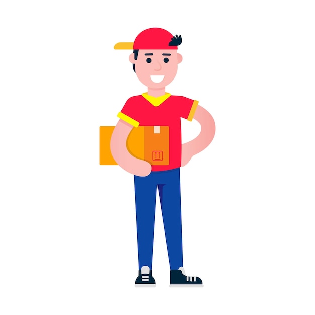 Fast delivery boy character flat style design vector illustration Boy with the box in his hands