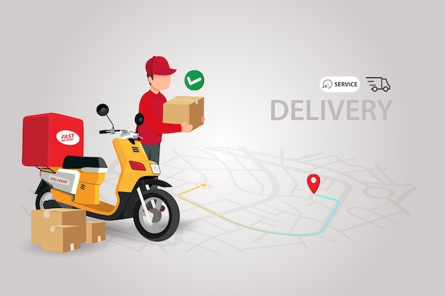 fast delivery by scooter on mobile ecommerce concept