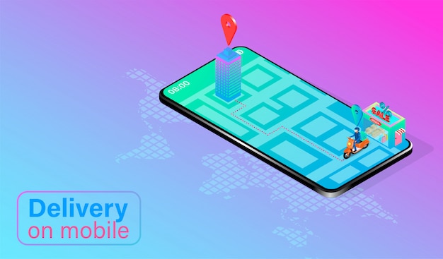 Vector fast delivery by scooter on mobile phone. online food order and package in e-commerce by app. isometric flat design.   illustration