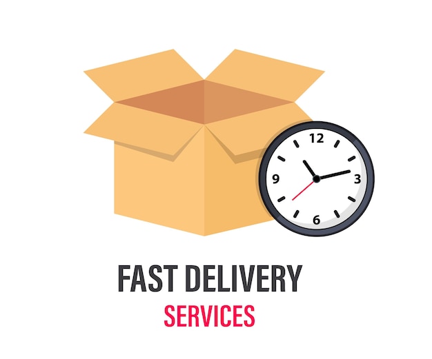 Быстрая доставка. картонная коробка и часы. экспресс-доставка, быстрое время. закажите своевременную доставку для приложений и веб-сайта. концепция доставки.