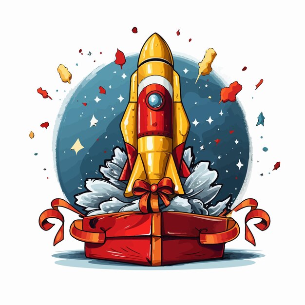 Vector fast delivery of christmas gifts ready to fly with a rocket