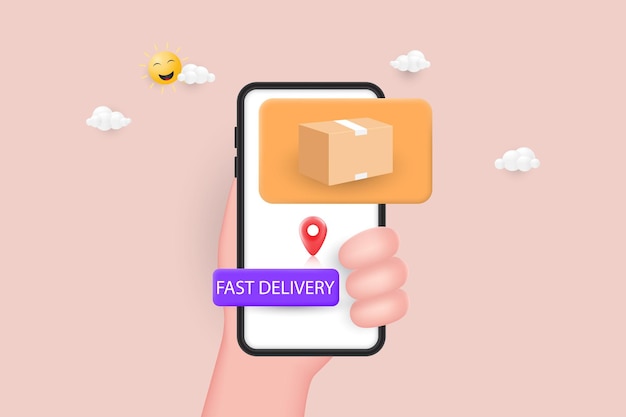 Fast delivery concept Parcel and map pointer on Mobile smartphone Online shopping 3D Vector Illustration