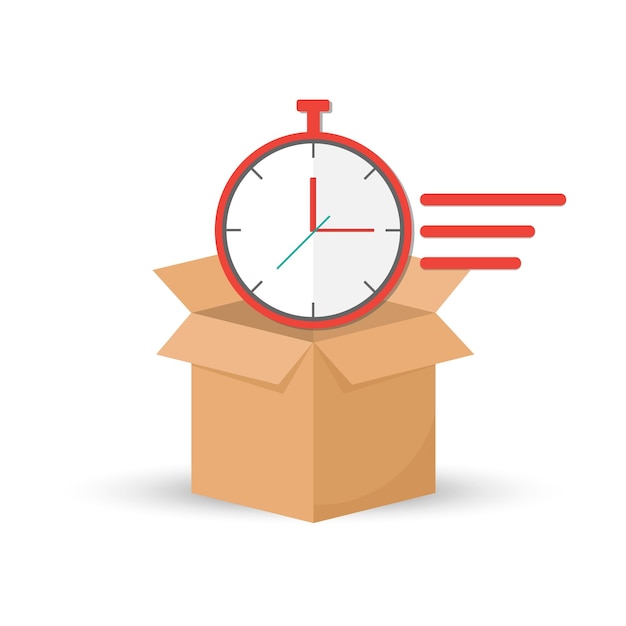 Концепция быстрой доставки с секундомером и открытой коробкой Время доставки Концепция экспресс-доставки