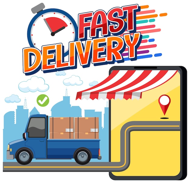 Fast delivery-logo met ophaalauto en smartphone