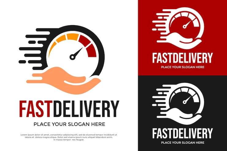 Vector fast delivery logo vector このロゴは、スピードメーターとハンドシンボルを使用したデザインで、ビジネスに適しています
