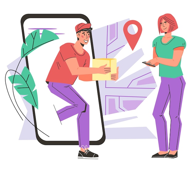 fast delivery and online shopping internet store purchases delivery concept delivery person brings parcel to happy client flat vector illustration isolated on white background