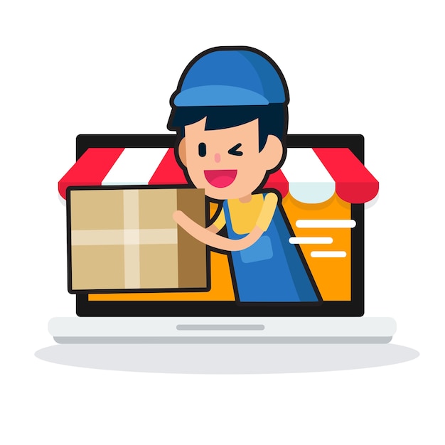 Fast delivery, order online with man and box on computer laptop.