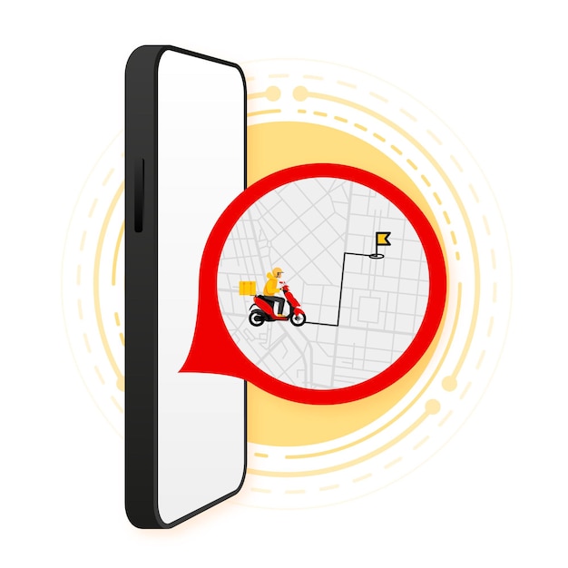 휴대전화로 스쿠터로 빠른 배송 패키지 앱으로 온라인으로 패키지 주문 지도 애플리케이션 벡터 일러스트레이션으로 택배 추적