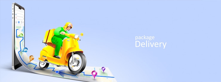 Vector fast delivery package by scooter on mobile phone. tracking courier by map application