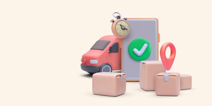 Vector fast delivery parcels concept in realistic style with van phone pointer parcel stop washer
