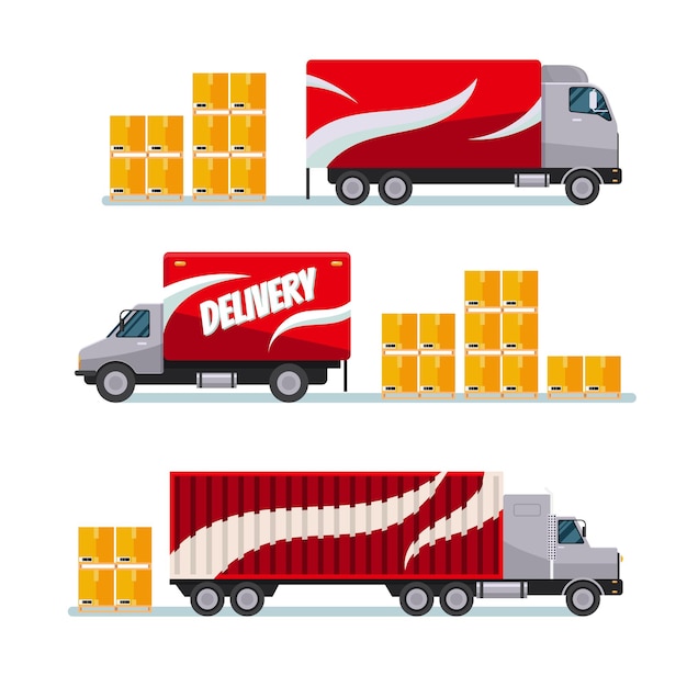 Vettore camion rossi consegna veloce set con pacchi