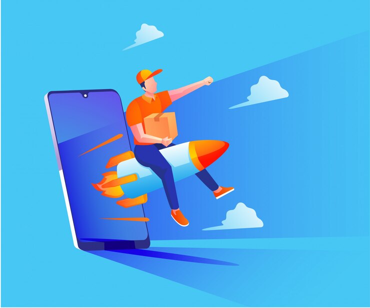 Fast delivery service with  smartphone and rocket illustration