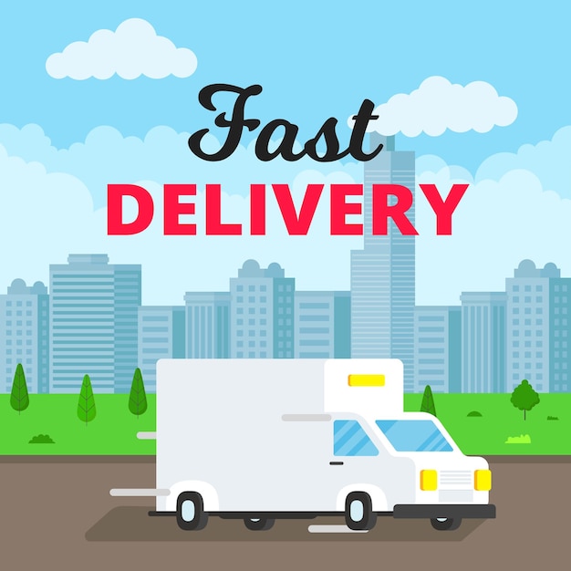 Fast delivery truck service on the road car van with city landscape behind flat style design vector