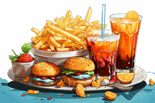 Vettore vettore e illustrazione del pomodoro fast food due burguer