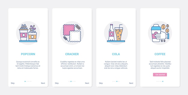 ファーストフードと飲み物の持ち帰りラインメニューuxuiオンボーディングモバイルアプリページ画面セット