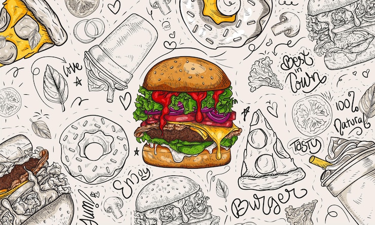 Vector fast food background linear graphic snack collection junk food engraved top view illustration vector illustration
