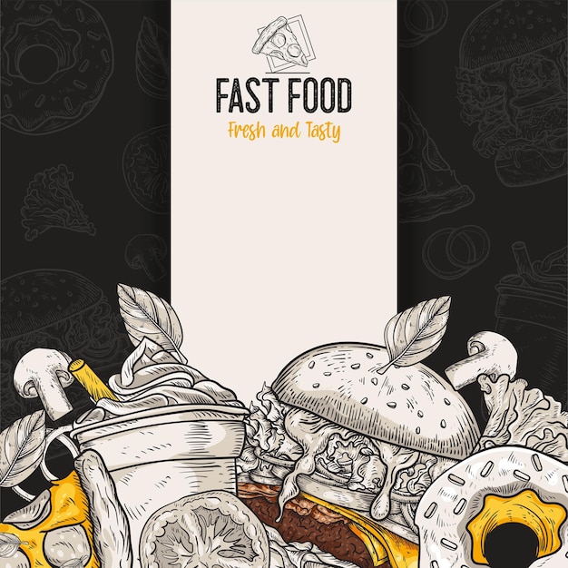 Fast food background linear graphic snack collection junk food engraved top view illustration vector illustration