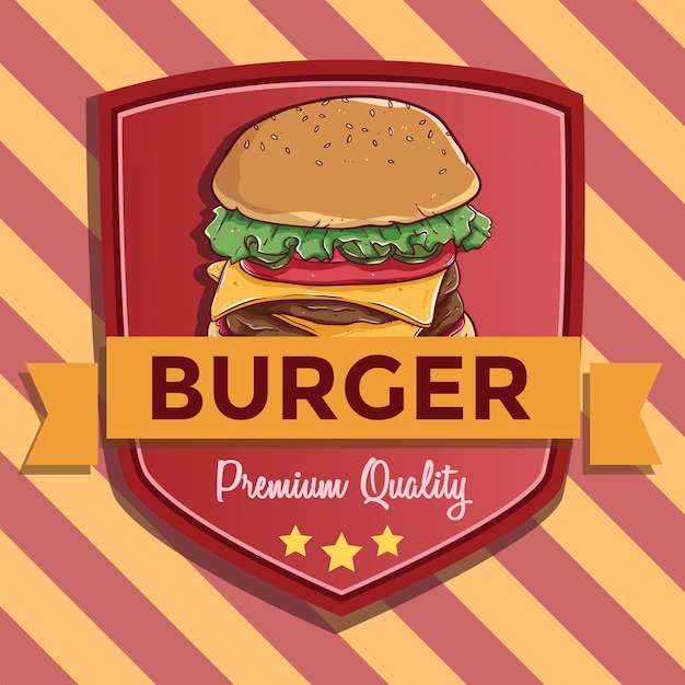 Fast food badge or banner with burger illustration and also with text premium quality