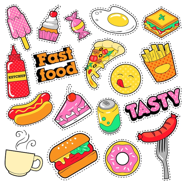 Fast food badges, patches, stickers - burger fries hot dog pizza donut junk food in comic style.  doodle