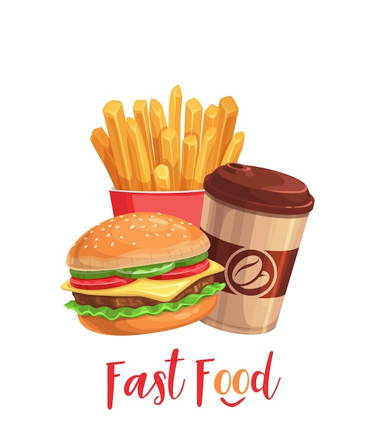 Fast food banner. street food of coffee cup, hamburger french fries. takeaway food