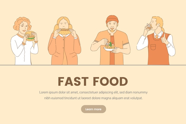 Fast food banner template. people eating cake, cupcake, hot dog and hamburger.