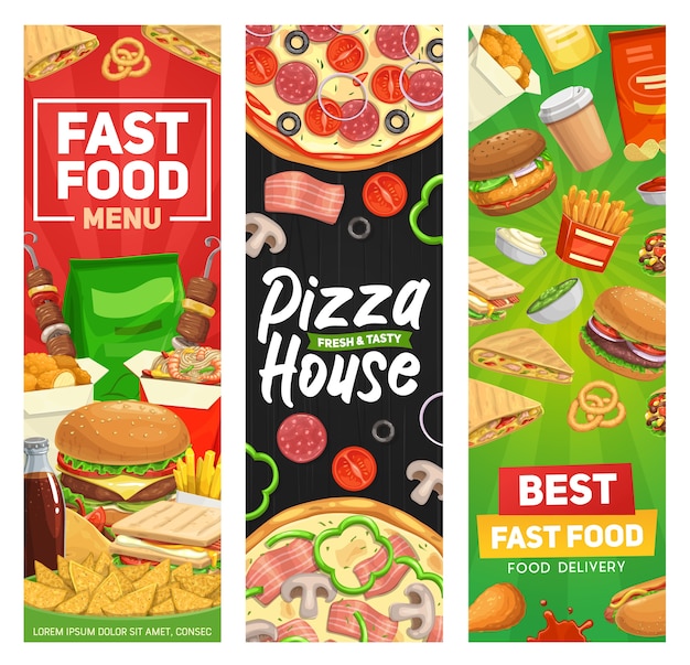 Fast food banners, burger fastfood menu, vector restaurant hamburgers meals, sandwiches and drinks