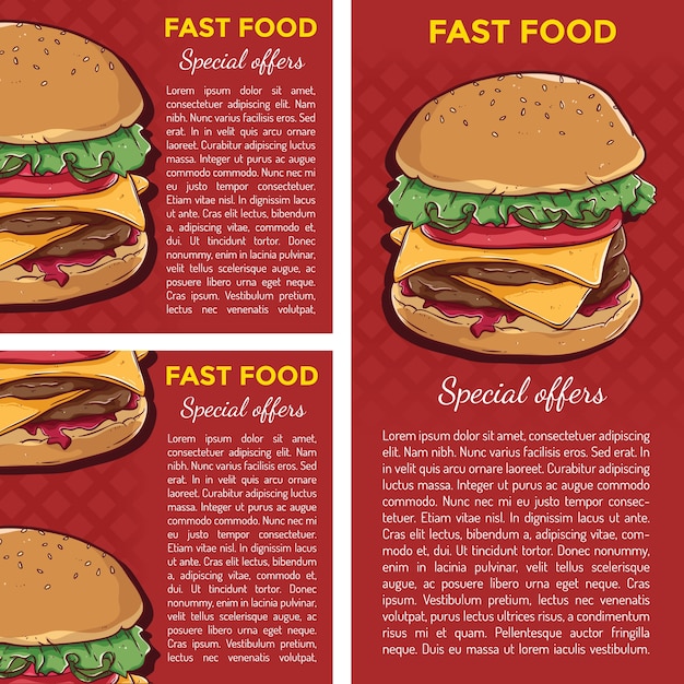 Bandiere di fast food o poster con illustrazione di hamburger di formaggio