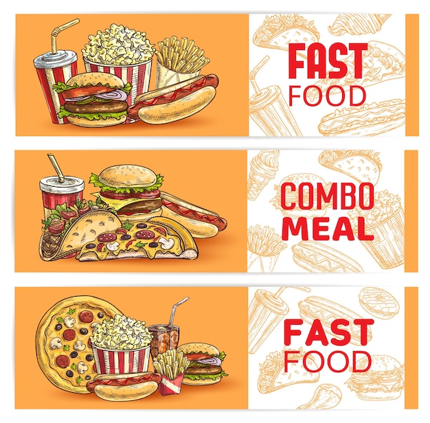 Vector fast food banners sketch burgers sandwiches pizza