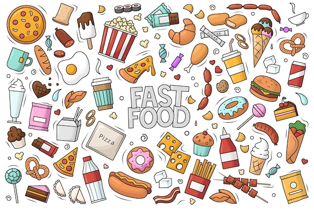 Fast food big set. Vector illustration in doodle style.