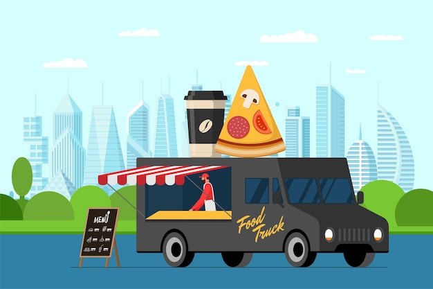 Fast food black truck with baker outdoor in city park. Pizza slice and coffee paper cup on van roof. Meal delivery van service. Fair on street with catering wheels. Vector advertising illustration