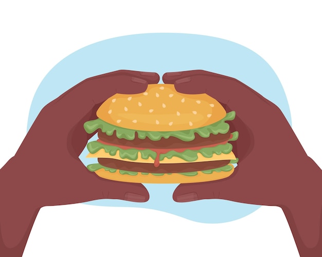패스트 푸드 햄버거 2D 벡터 격리 된 그림입니다. 맛있는 햄버거. 만화 배경에서 평평한 첫 번째 보기 손을 먹기 위해 샌드위치를 들고 있습니다. 칼로리 다채로운 장면이 있는 정크 스낵